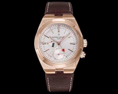 SJ Factory Vacheron Constantin Overseas Dual-time Cal.5110 DT/2 Men White Face Brown Leather Strap Rose Gold Case Watch